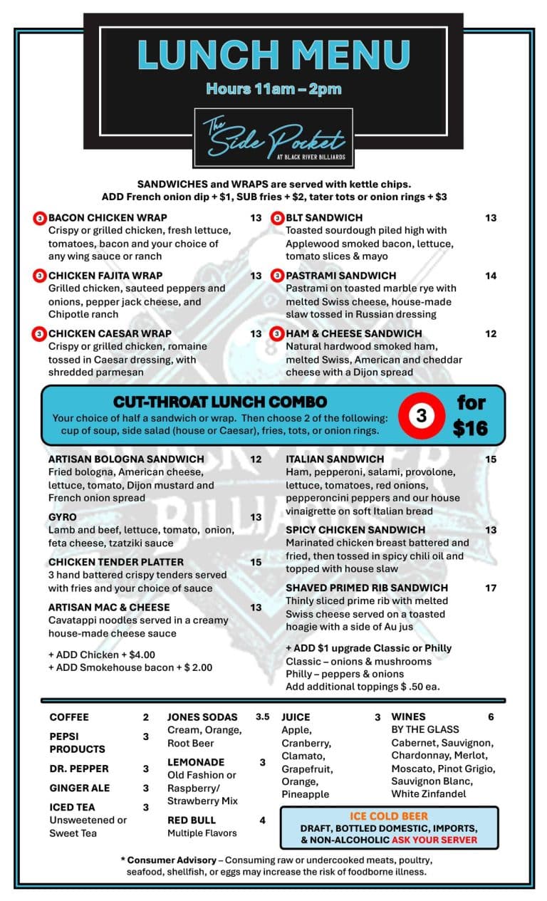 The Side Pocket Lunch Menu – Front