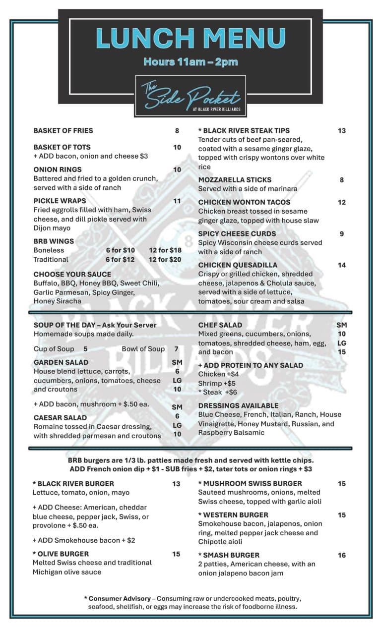 The Side Pocket Lunch Menu – Back